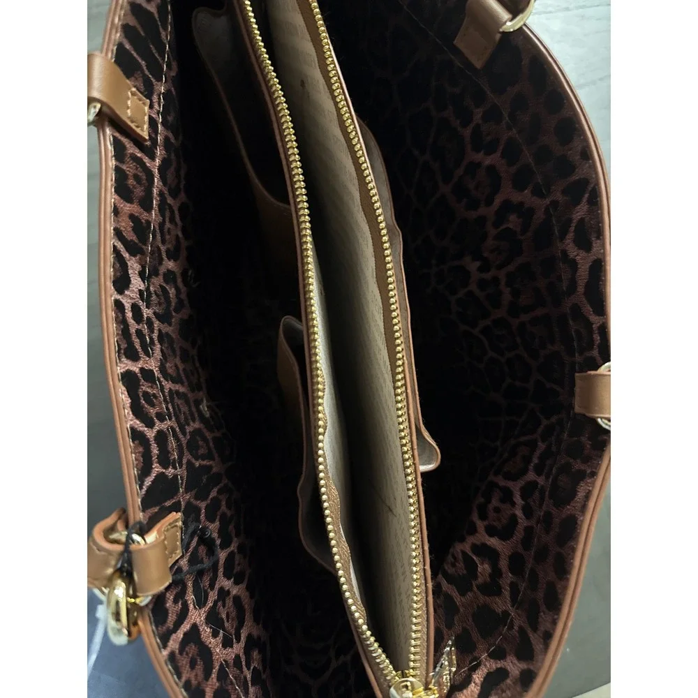 Steve‎ Madden Cognac Brown Pebbled Tote Bag Leopard Print Lining Embossed Logo